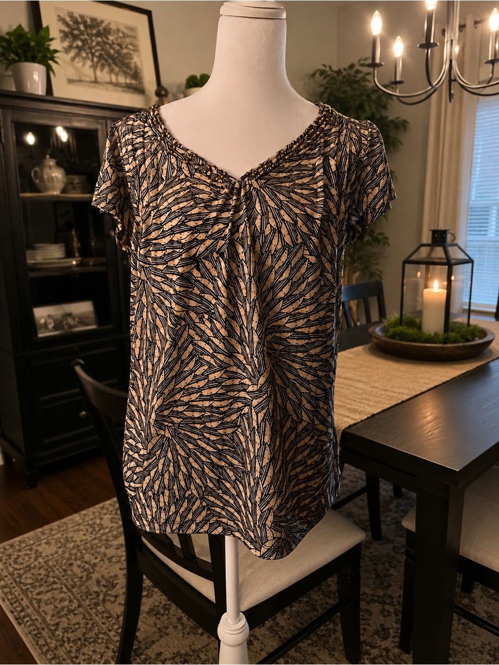 East 5th Navy and Beige Printed Short Sleeve V-Neck Blouse